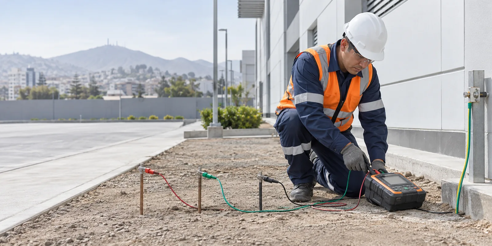 Técnico realizando una evaluación de un sistema de puesta a tierra